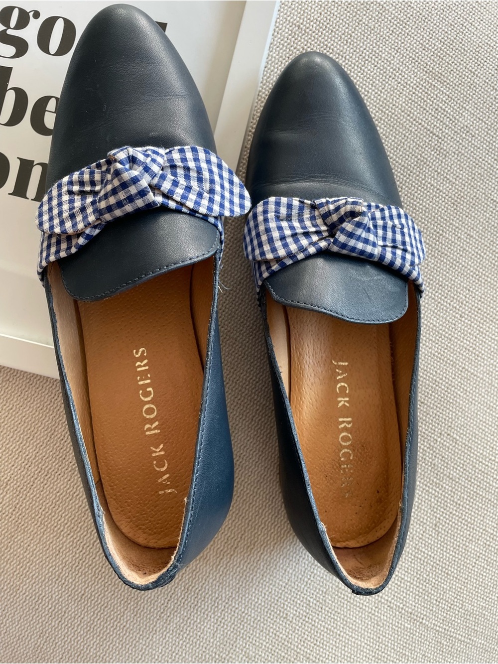 Jack Rogers Navy Leather Flats with Blue-and-White Gingham Bow - Picture 4 of 16